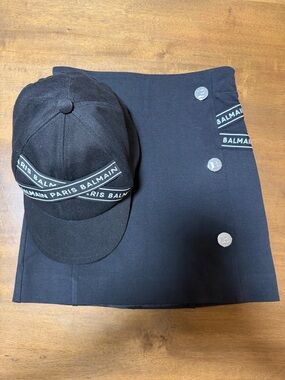 Balmain Black Logo-Trim Mini Skirt and cap bundle